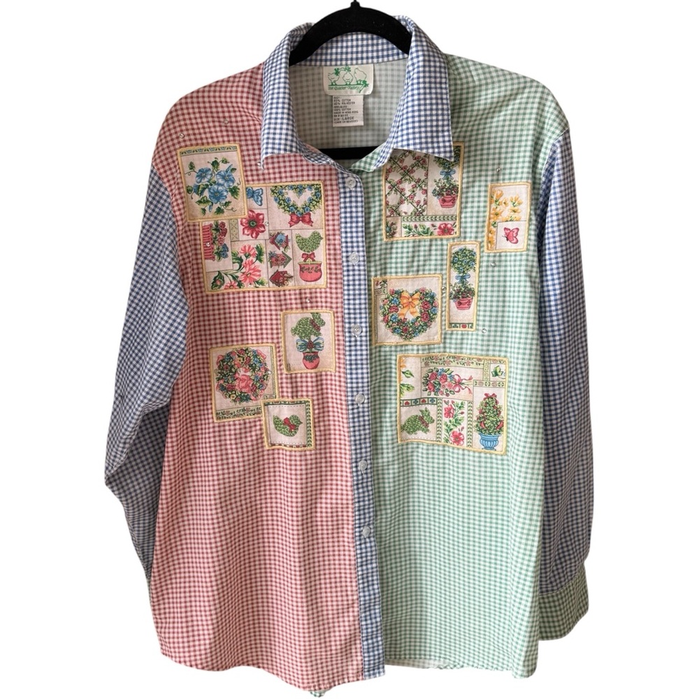 VTG Quacker Factory Red, Blue, & Green  Plant and Floral Gingham Patchwork Shirt